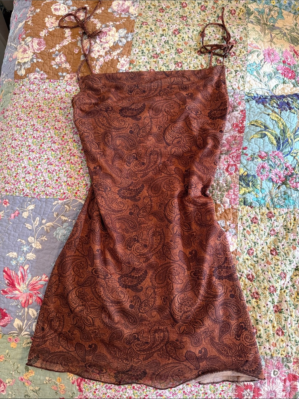 Vrg Grl Brown Paisley Slip Mesh Dress with Tie Straps